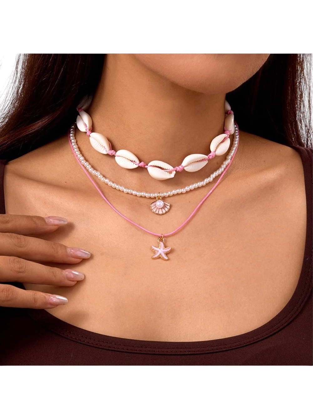 NWT Boho Pink Shell & Pearl Layered Necklaces with Shell and Starfish Pendants